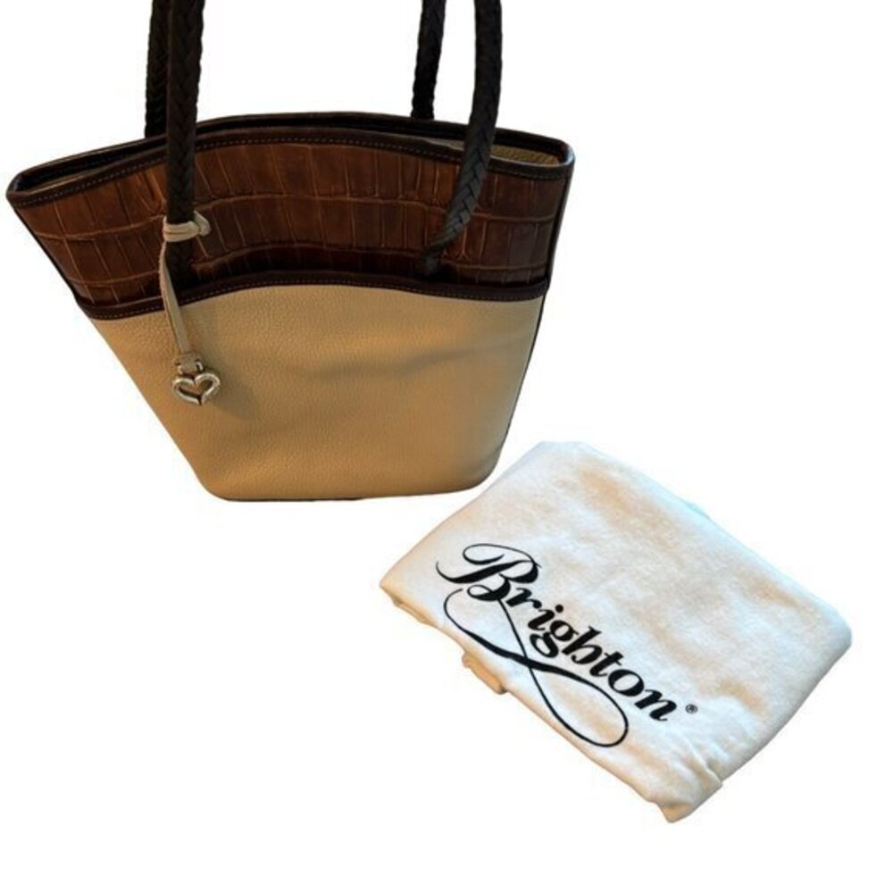 Brighton Bucket Bag Purse Handbag Vintage 90's Creme Brown Dustbag Leather Croc